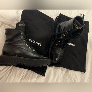 CHANEL Black Leather Moto Boots with Gold logo